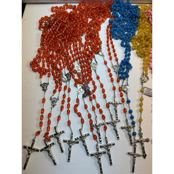 36 Rosary Beads Lot Crucifix Cross Necklace Prayer Spiritual Pink Wood blue - Picture 2 of 6